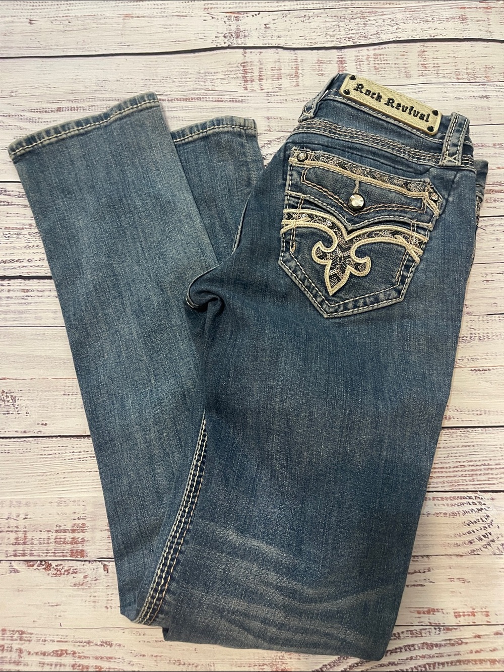 Rock Revival Hans Straight Medium Blue Bootcut Embroidered Pockets Jeans
